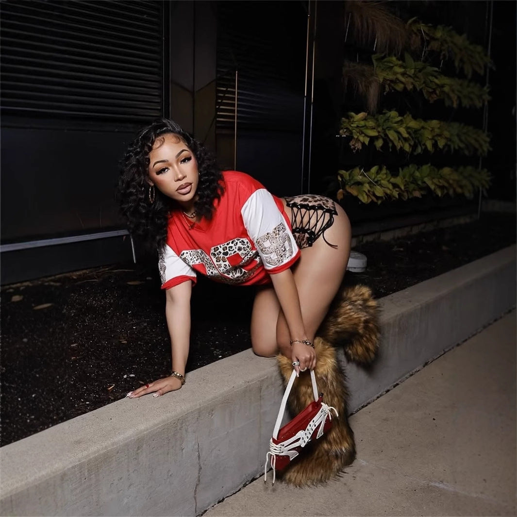 Dam T-Shirt Kortärmad Leopardtryck Polyester Spandex-5