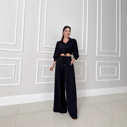 Tvådelat Set Dam Hög Midja Topp och Bred Byxa Polyester-2