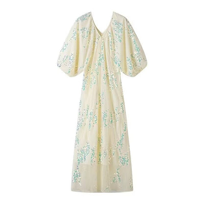 Damklänning A-Linje V-ringning Kort Ärmar Patchwork 100% Polyester-3