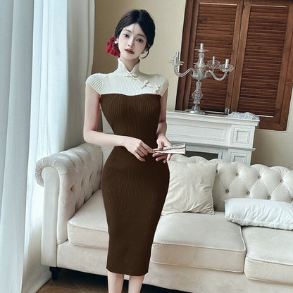 Kvinnors Klänning Stickad Design med Hög Krage och Kontrastfärger-3