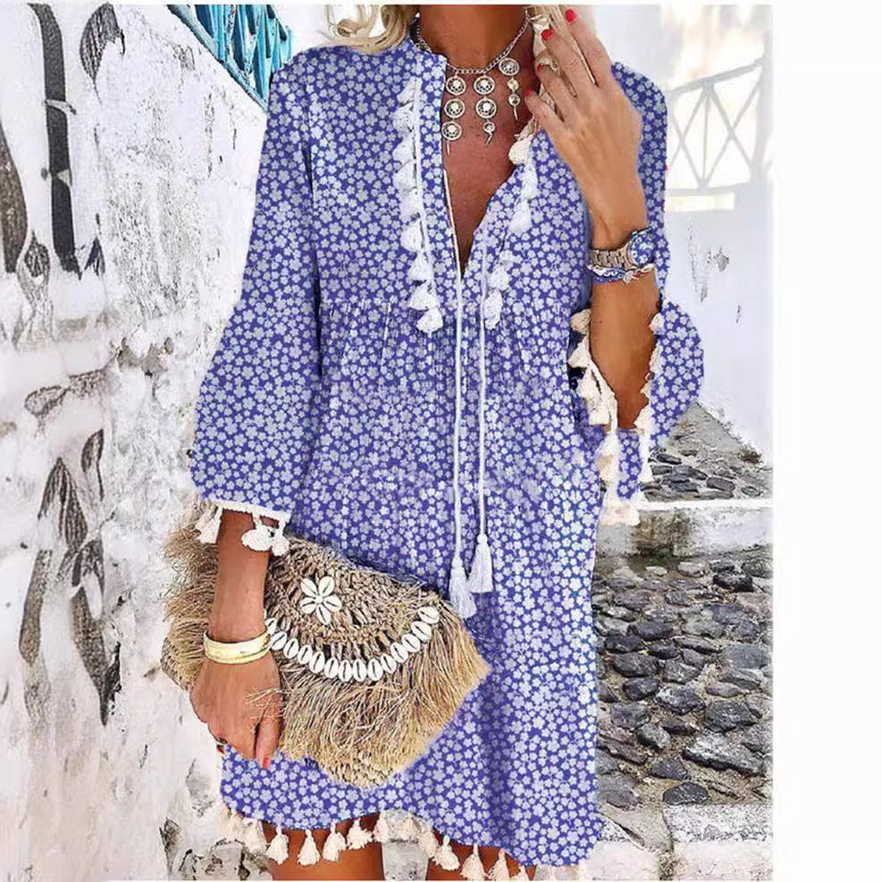 Dam Klänning Blommig V-ringad Midi A-linjeformad Polyester-3