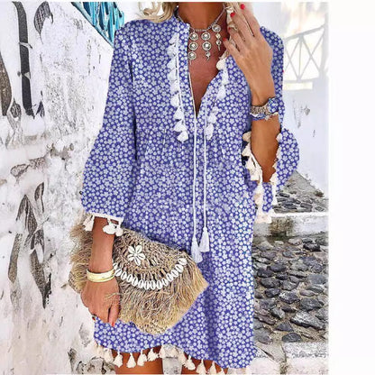 Dam Klänning Blommig V-ringad Midi A-linjeformad Polyester-3