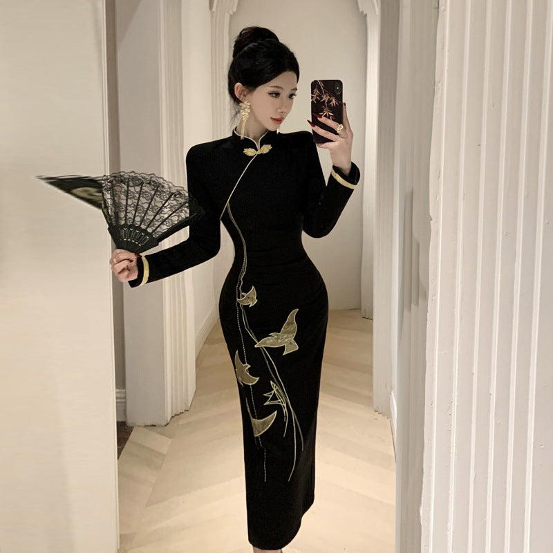 Dam Midi Klänning Broderad Långärmad Högkvalitativ Tygblandning 2