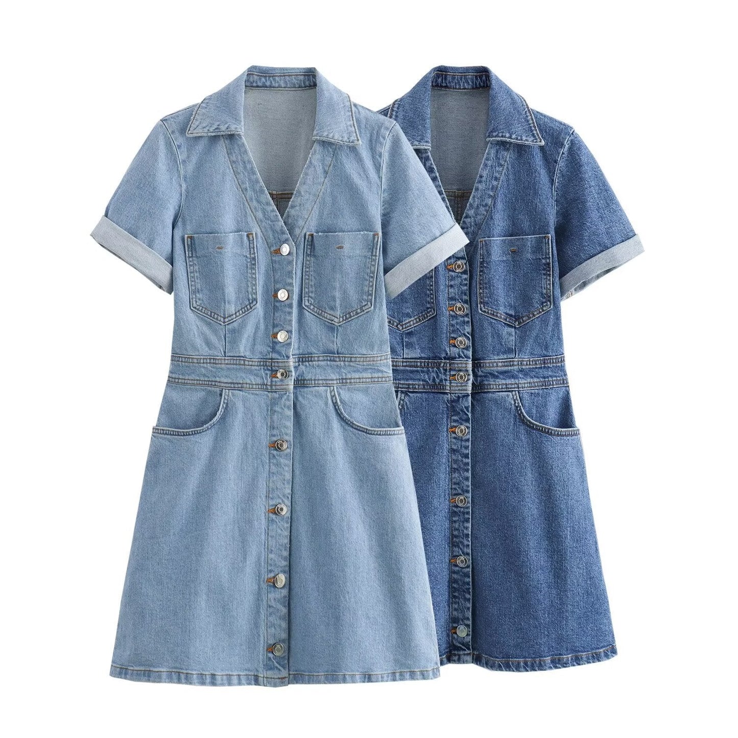 Damklänning Mini A-Linjeformad Denim Midjad Långärmad-2