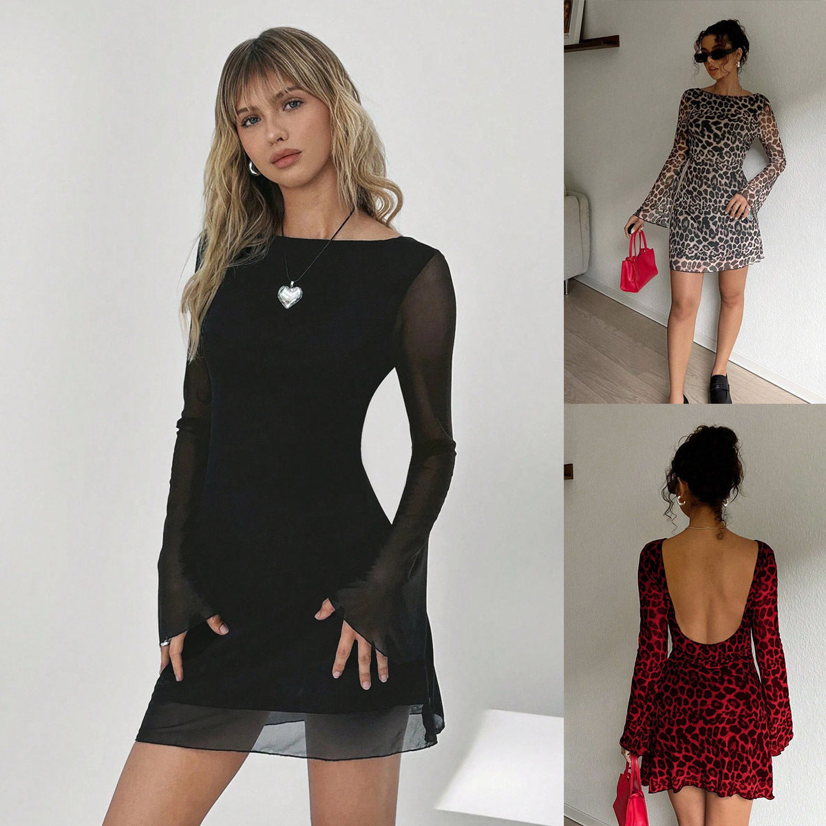 Dam Klänning A-Linje Leopardmönster Polyester Långärmad Elegant-2