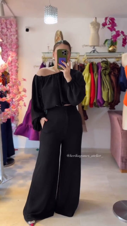 Kvinnors Off-Shoulder Top med Lykta Ärmar och Vida Byxor Polyester Spandex-3