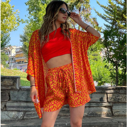 Dam Kimono Set med Tryckt Spets Tre Fjärdedelars Ärmar Polyester-2