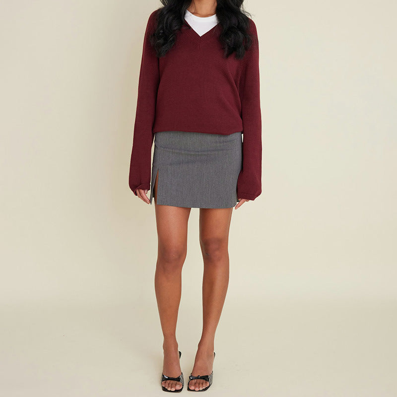 Kvinnors V-ringad Tröja Mjuk Bomullsblandning Långa Ärmar-2