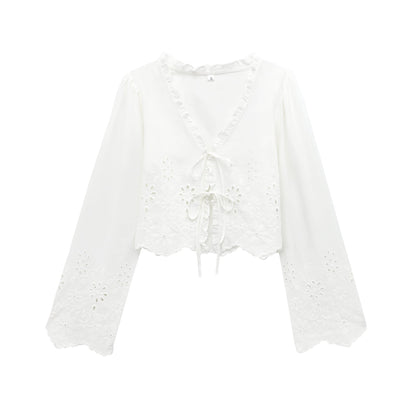Kvinnors Blus V-ringad Voluminösa Ärmar Broderi 5