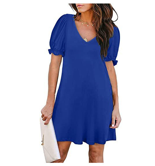 Kvinna Kort Armklänning V-ringning Lätt Tyg Puffade Ärmar 8