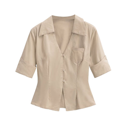 Kvinnors Skjortablus Elegant Krage Bomullsblandning 4