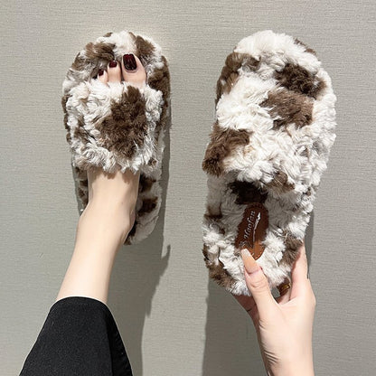 Dam Tofflor Fleece Ko-Mönster Mjuk och Bekväm 4