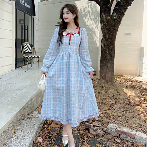 Kvinna Prickad Klänning Långärmad Polyester Fyrkantig Halsringning-1