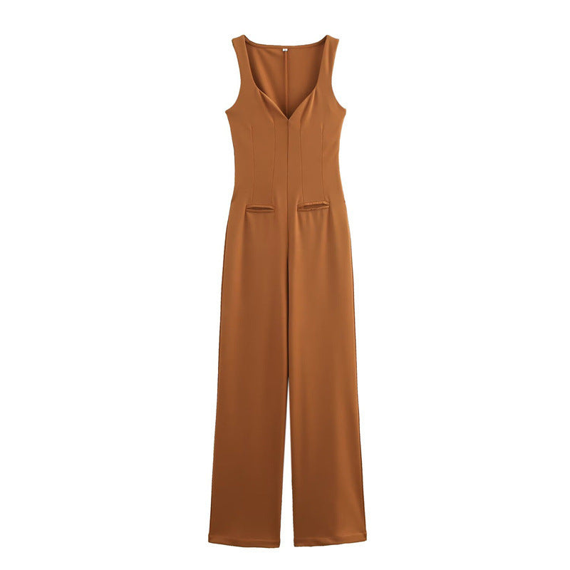 Dam Jumpsuit Rak V-ringad Lång Ärmlös Lätt Elastisk Material-2