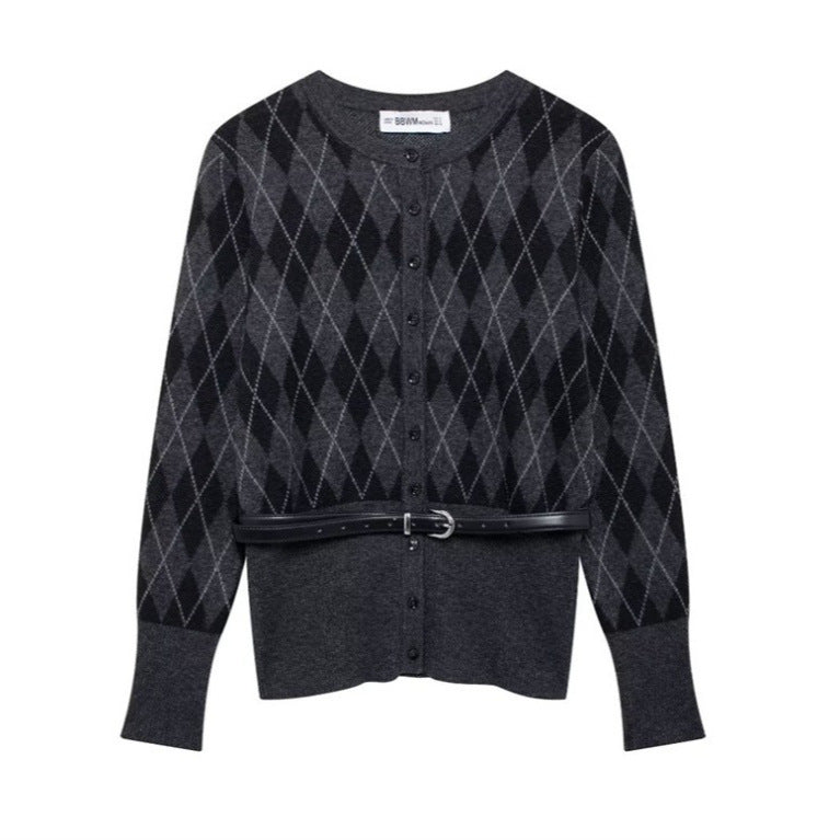 Kvinnors Cardigan Diamantmönster Mjuk Stickad med Midjebälte-3