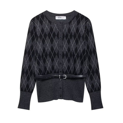 Kvinnors Cardigan Diamantmönster Mjuk Stickad med Midjebälte-3