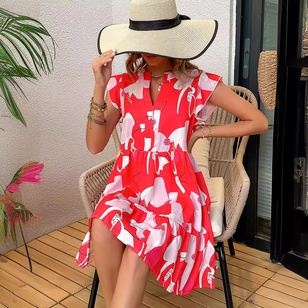 Damklänning A-Linje Blommig Polyester med Flygande Ärmar-2