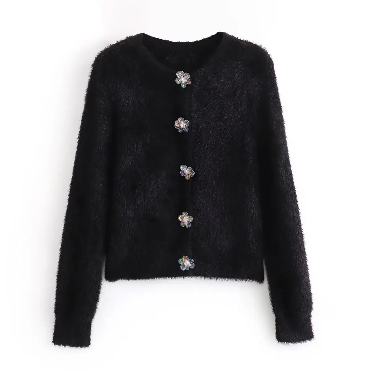 Damkofta med Blommiga Knappar Mjuk Polyester Cirkulär Halsringning 1