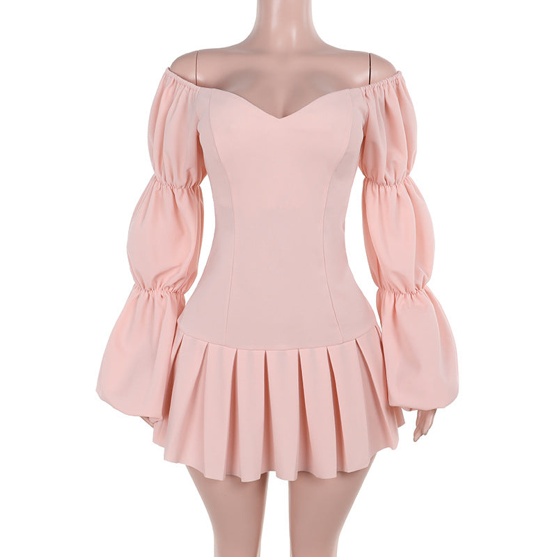 Kvinnors Miniklänning Off-Shoulder Volangärmar Samlad Kjol Andningsbart Tyg 7