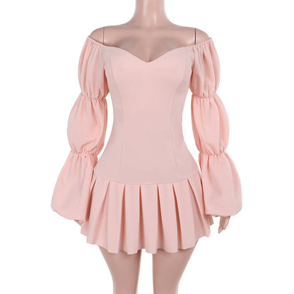 Kvinnors Miniklänning Off-Shoulder Volangärmar Samlad Kjol Andningsbart Tyg 7