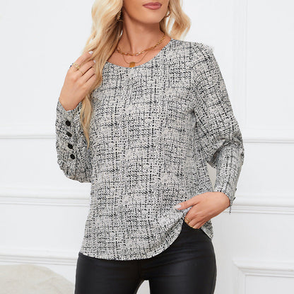 Dam Skjorta Långärmad Karo Tryckt 100% Bomull med Puffärmar-2