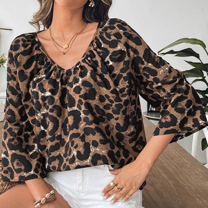 Dam Tröja V-ringad Leopardmönster Ballonärmar Polyester-2