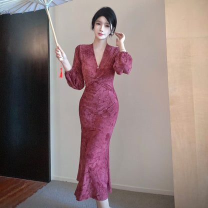 Kvinnors Midiklänning V-ringning Slim Fit Jacquard-1