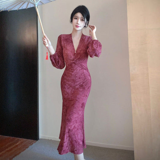 Kvinnors Midiklänning V-ringning Slim Fit Jacquard-1