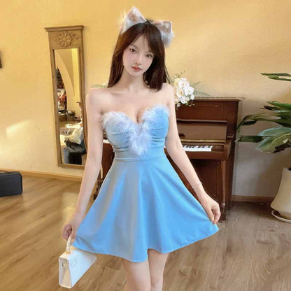 Dam Festklänning Stropplös Kort Päls för Nyår och Julfester-3