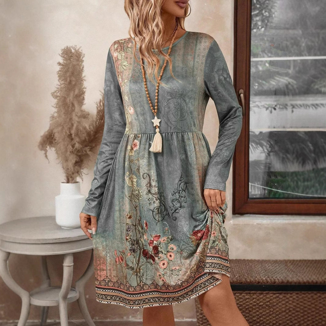 Kvinnor Midi Klänning Blommig Långärmad Polyester-5