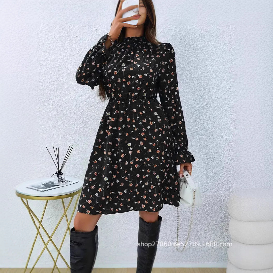 Kvinnors Midi Klänning A-linjeformad Polyester med Ståkrage-5