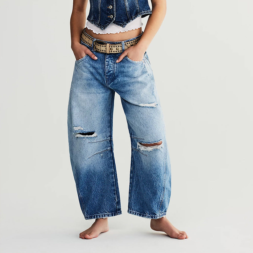 Dam Harembyxor Slitna Denim Medelhög Midja Breda Ben-1