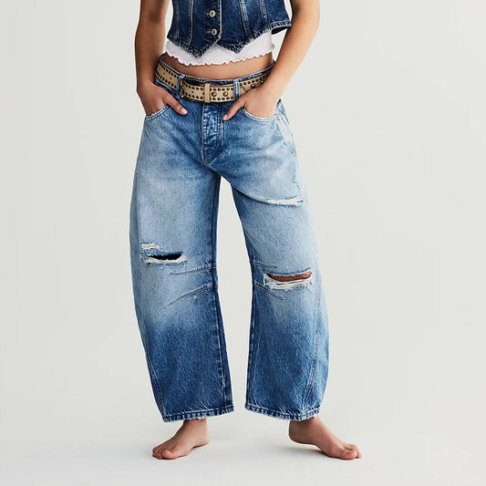 Dam Harembyxor Slitna Denim Medelhög Midja Breda Ben-1