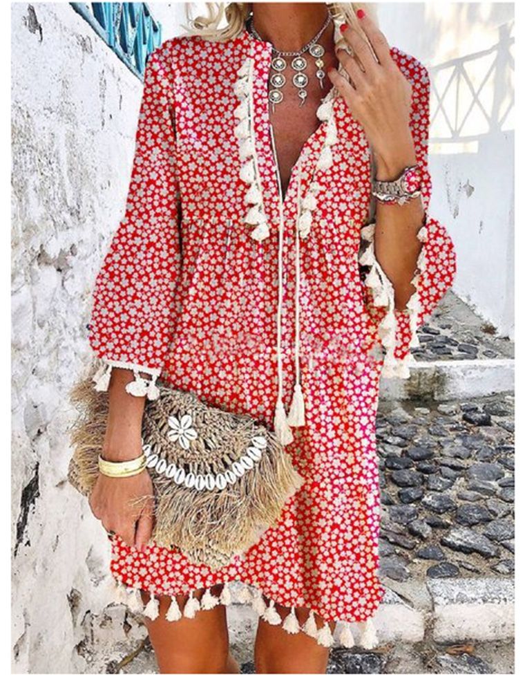 Dam Klänning Blommig V-ringad Midi A-linjeformad Polyester-1