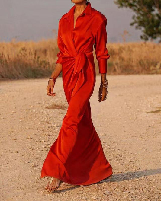 Maxi Klänning Dam Asymmetrisk Hög Midja Polyester Långärmad-1
