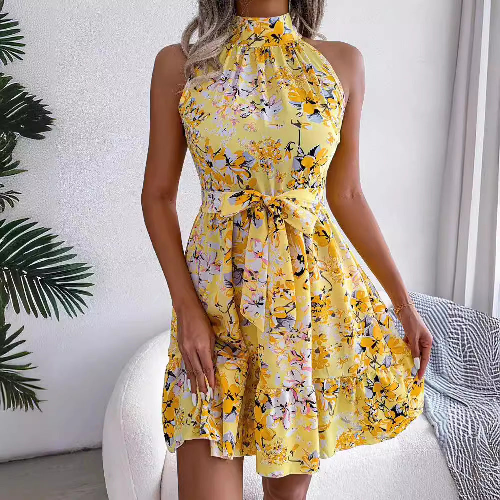 Kvinnors A-linjeformad Klänning med Blommig Krage Polyester-3