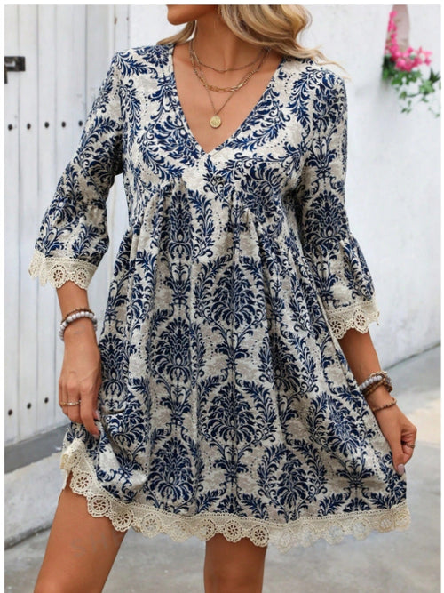 Fina Dam Klänningar A-Line Midi V-Neck Polyester med Tre Fjärdedels Ärmar 1