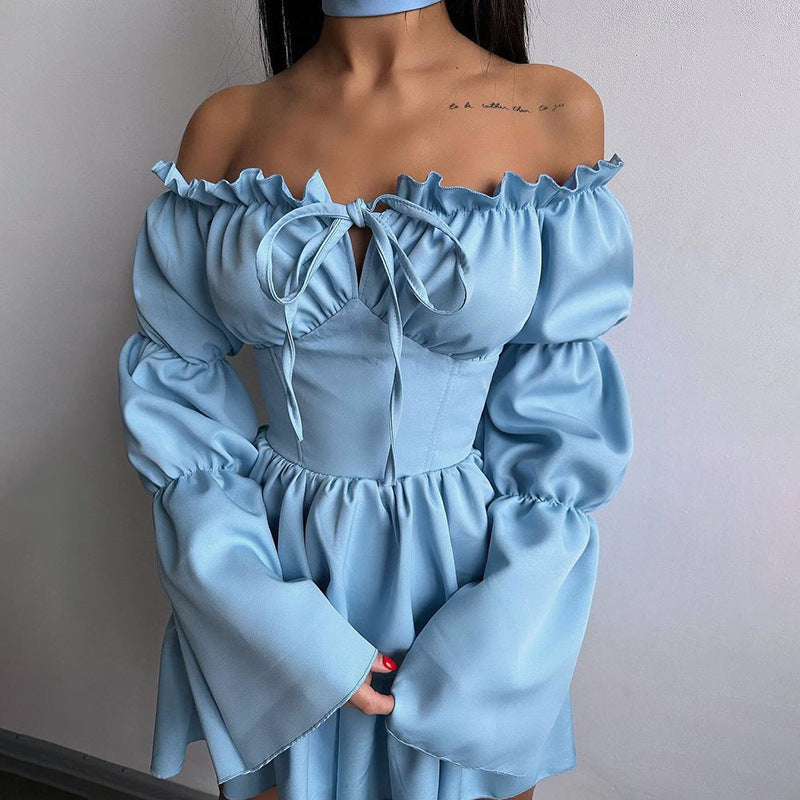 Kvinnors Off-Shoulder Klänning Flödande Ruffles Högkvalitativt Tyg 4