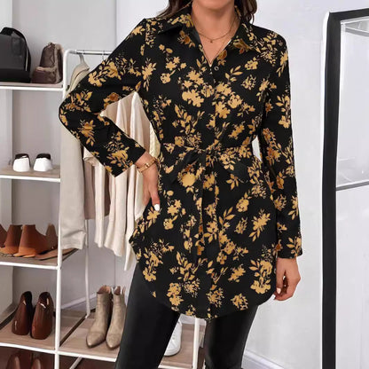 Dam Skjorta Långärmad Blommönstrad Polyester-4
