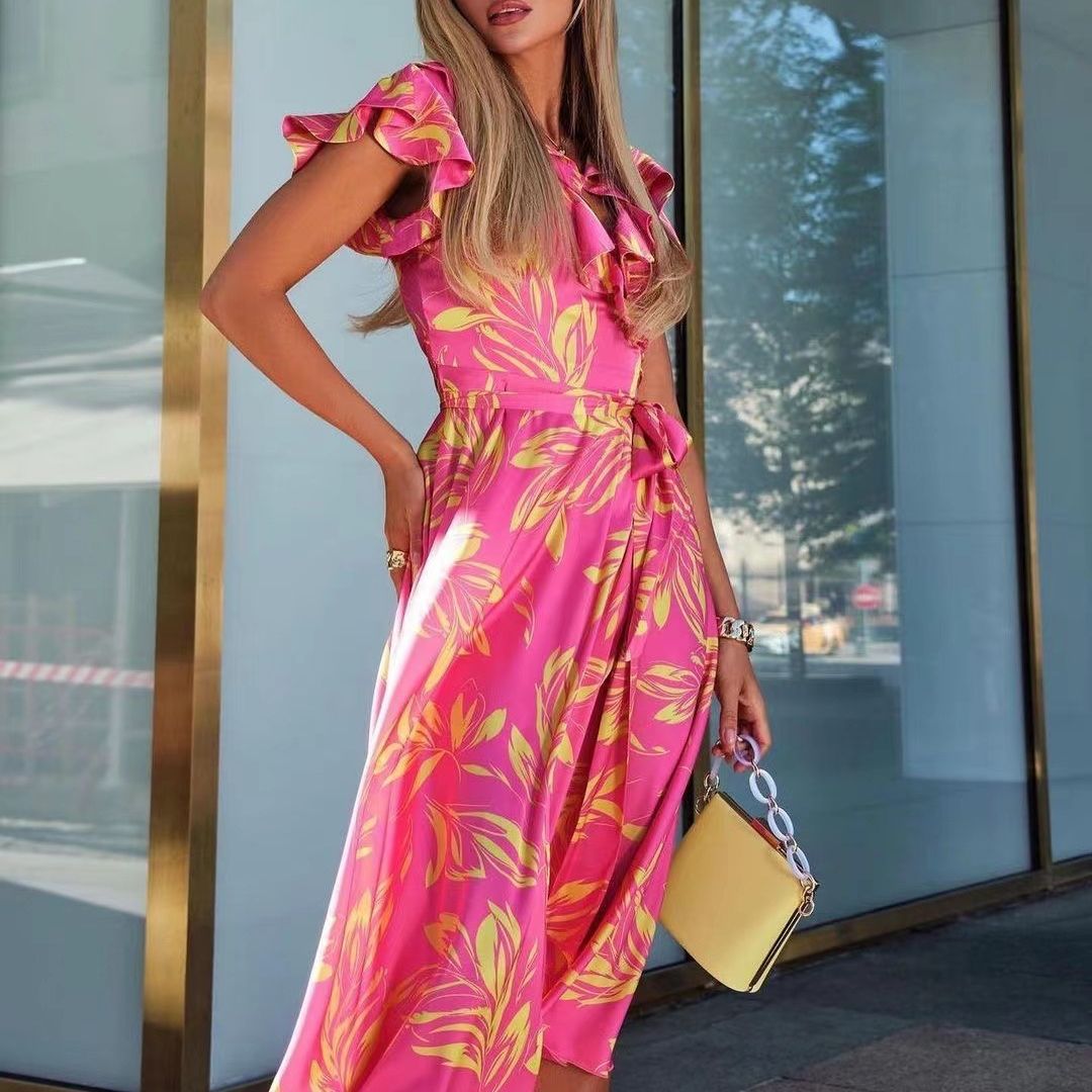 Kvinnors A-linjeformad Klänning V-ringning Polyester med Puffärmar-5