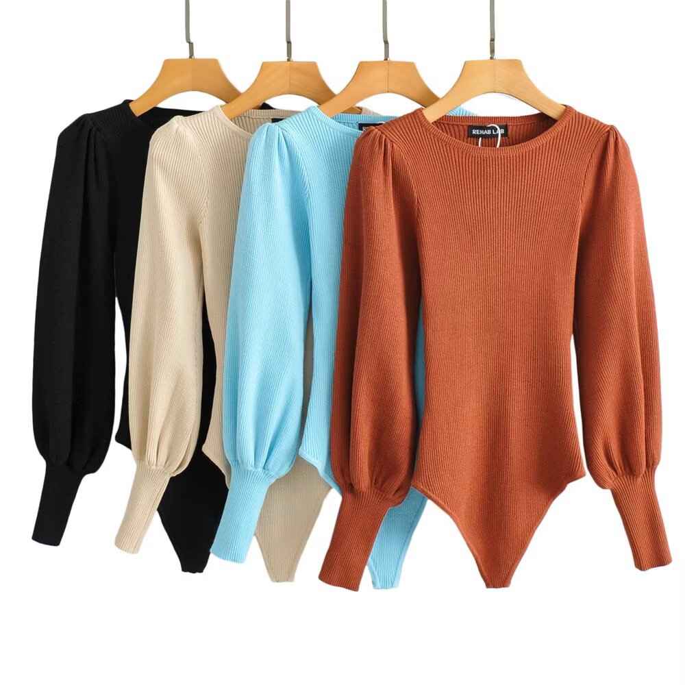 Kvinnor Bodysuit Långärmad Puffärmar Ribbat Elastiskt Tyg-2