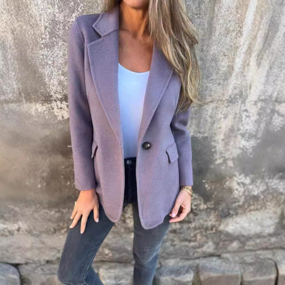 Dam Fritidsjacka Regular Fit Ull Spandex med Knapp och Faux Fickor-4