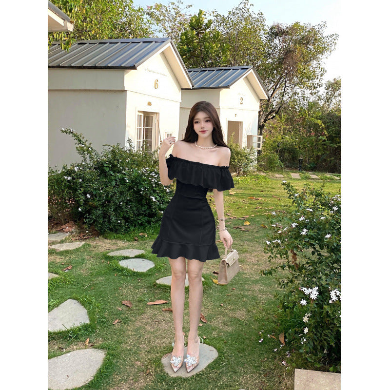 Kvinnors Minikjolklänning Rufsad En-axel Polyester-4