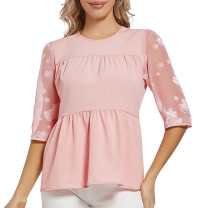 Dam Blus Minimalistisk Chiffong med Puffärmar-2