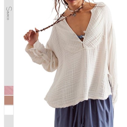 Dam Skjorta Långärmad V-ringning Mjuk Bomull-2