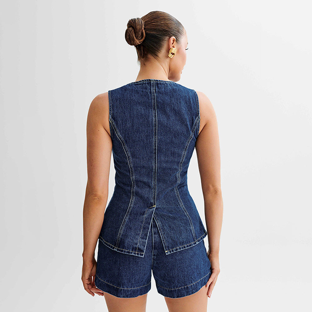 Dam Denim Shorts Set Slim Fit Ärmlös Top Capribyxor-3