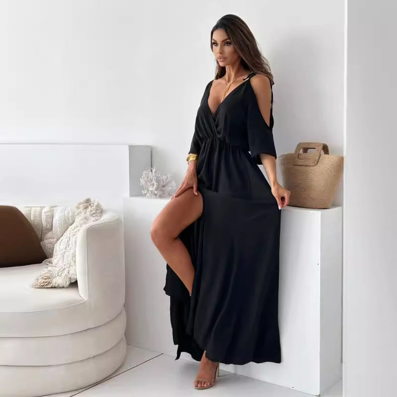 Damklänning A-Linjeformad V-Neck Polyesterblandning Elegant-4