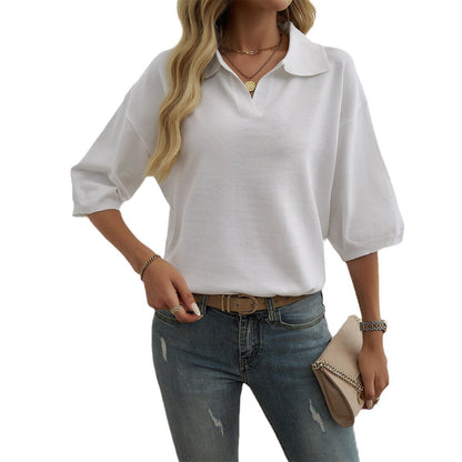 Dam Tröja Löst Passform Is-Silk Trekvartsärmar Enkel Design-5