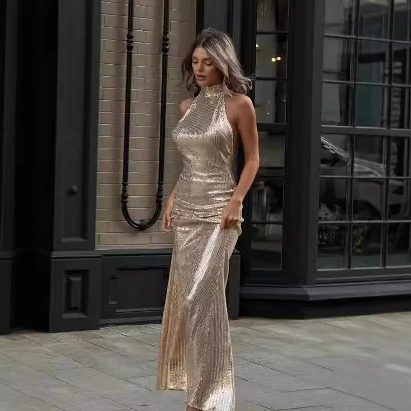 Aftonklänning med Glittrande Paljetter och Hög Krage – Lätt Tyg för Kvällsevenemang och Fester 9