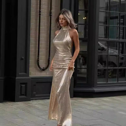 Aftonklänning med Glittrande Paljetter och Hög Krage – Lätt Tyg för Kvällsevenemang och Fester 9